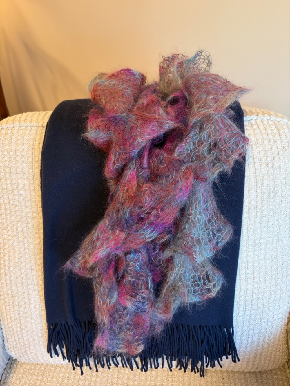 Handmade Multicolor Ruffled Mohair Scarf - Women's Accessory